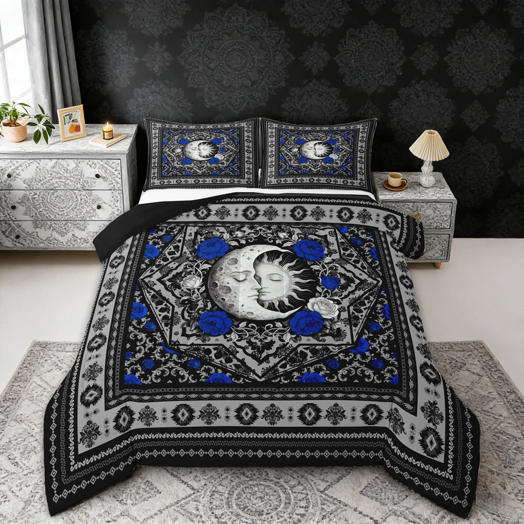 Erosebridal Boho Sun and Moon Full Size Comforter Sets, Bohemian Aztec Mandala Bedding Sets, Black Gray Blue, Black Reversible 3pcs, 1 Comforter and 2 Pillowcases