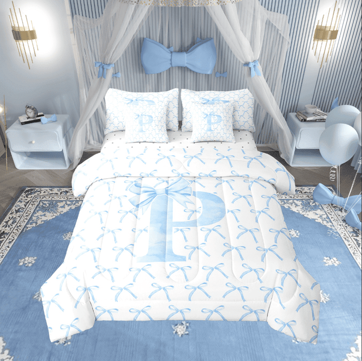 Erosebridal Monogrammed Bow Tie Bedding Sets Twin Size,Dreamy Princess Comforter Sets with Sheets,Letter Bedroom Decor,Reversible,7pcs