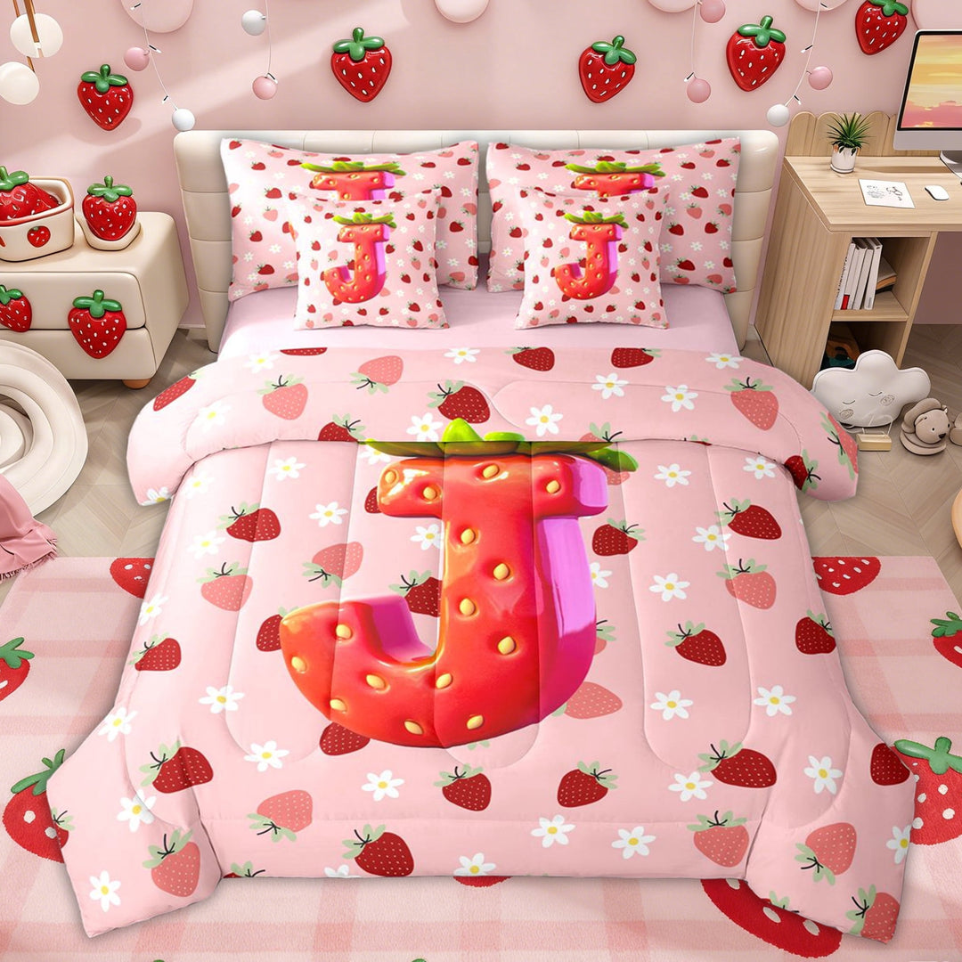 Erosebridal Princess Initial J Letter Twin Bedding Sets, Girls Strawberry Bedding Comforter Set for Kids, Pink Reversible, 7pcs