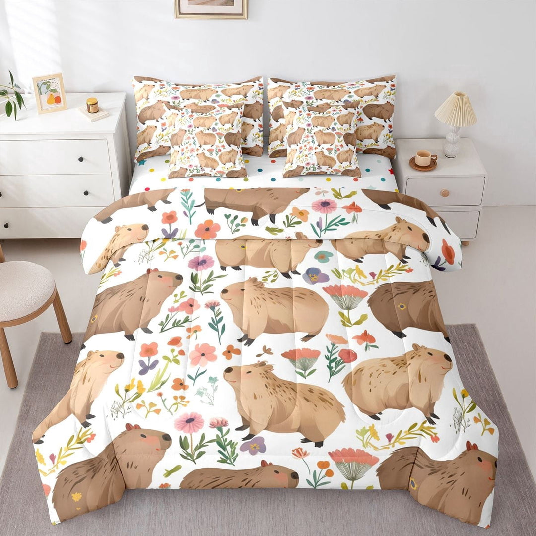 Erosebridal Cartoon Brown Capybara Twin Bedding Sets 7-Piece For Boys Girls,Kids Pink Floral Flowers Bedding Comforter Set,Super Cozy Room Decor