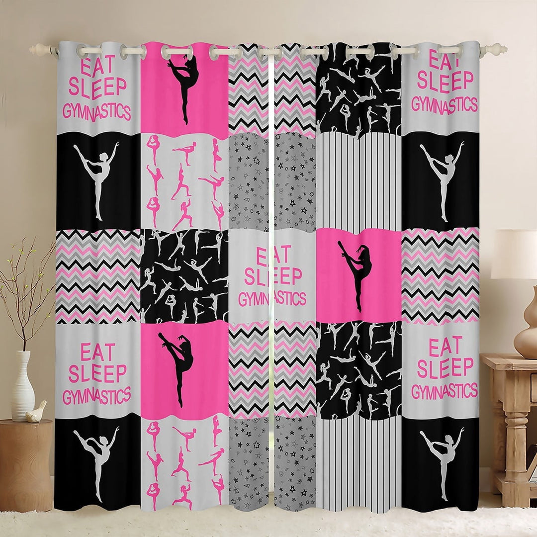 Manfei Sport Theme Black Out Curtains,Gymnastics Game Curtains Pack of 2 (42x63 Each),Pink Geometric Wave Lines Bedroom Curtains For Girls,Breathable Room Decorative