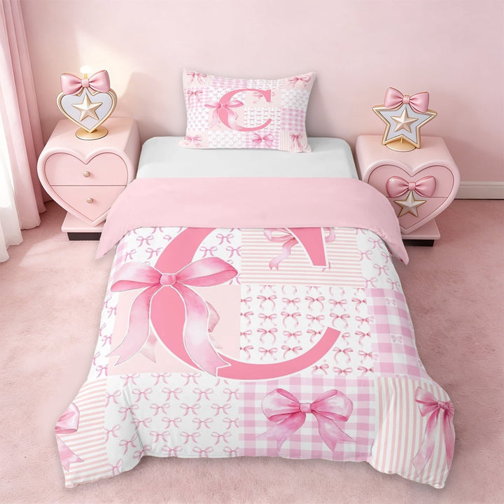 Erosebridal Dreamy Princess Bowknot Twin Bedding,Pink Letter C Monogrammed Duvet Cover Set For Girls Kids,Pink Reversible,2pcs(No Comforter)