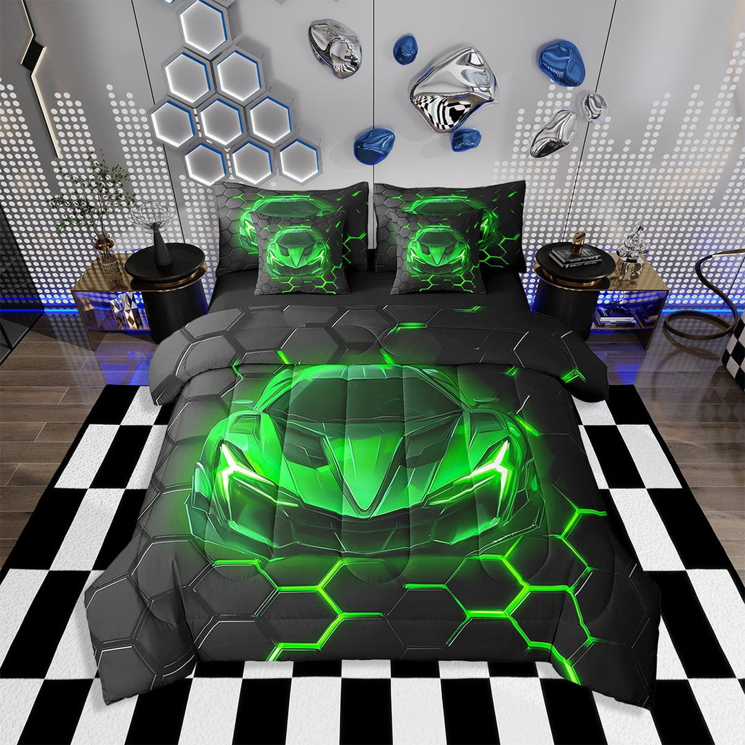 Erosebridal Race Car Comforter Set Twin Size,Neon Honeycomb Bedding Set Teens,Racing Car (Comforter+Fitted+Flat Sheet+2 Pillowcases+2 Throw Pillow Covers) 7 Pieces Bed Set