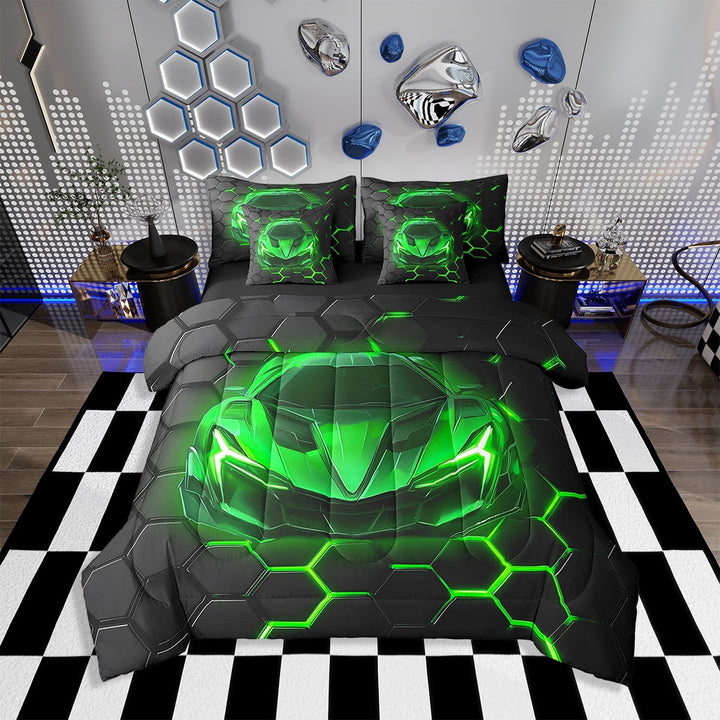 Erosebridal Race Car Comforter Set Twin Size,Neon Honeycomb Bedding Set Teens,Racing Car (Comforter+Fitted+Flat Sheet+2 Pillowcases+2 Throw Pillow Covers) 7 Pieces Bed Set