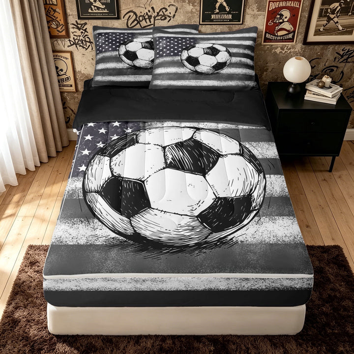 meiyoeat Vintage Soccer Sport Zipper Full Size Comforter Sets with Fitted Sheet and 2 Pillowcases for Boys, American Flag Zipper Bedding Set, Grey White, Black Reversible, 4pcs