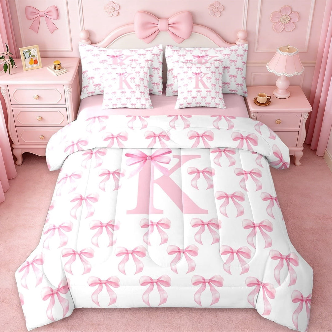 Erosebridal Letter B Monogram Theme 7-Piece Twin Bedding Sets For Kids,Pink Coquette Bowknot Bedding Comforter Set,Pink Reversible