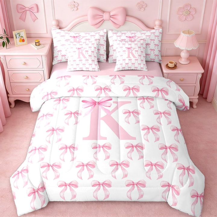 Erosebridal Letter B Monogram Theme 7-Piece Twin Bedding Sets For Kids,Pink Coquette Bowknot Bedding Comforter Set,Pink Reversible
