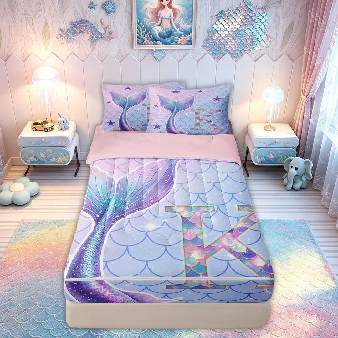 meiyoeat Mermaid Scale Letter K Zipper Twin Comforter Sets with Fitted Sheet and 2 Pillowcases for Kids Girls, Marine Starfish Zipper Bedding Set, Purple Blue, Pink Reversible, 4 Pieces