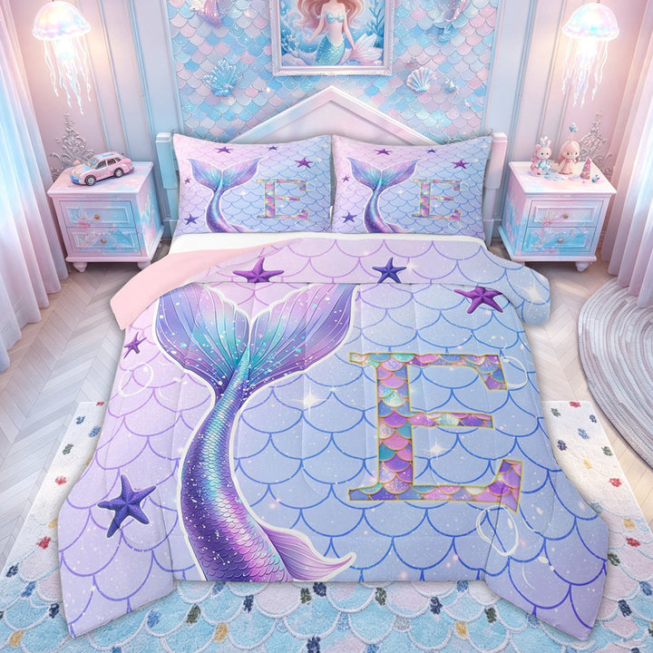 meiyoeat Mermaid Scale E Initial Full Size Comforter Sets for Girls, Ocean Starfish Bedding Comforter Set, Purple Blue, Pink Reversible 3 Pieces, 1 Comforter and 2 Pillowcases
