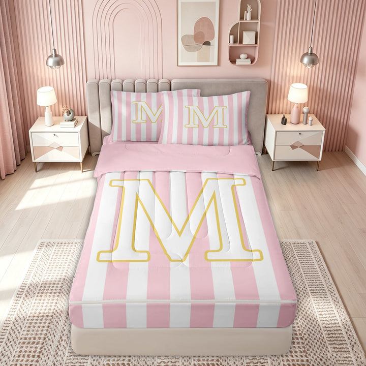 meiyoeat Pink Stripe Gold M Initial Zipper Comforter Set with Fitted Sheet and 2 Pillowcases, Classic Monogram Initial Zipper Bedding Set for Boys Girls, Pink Reversible, 3pcs