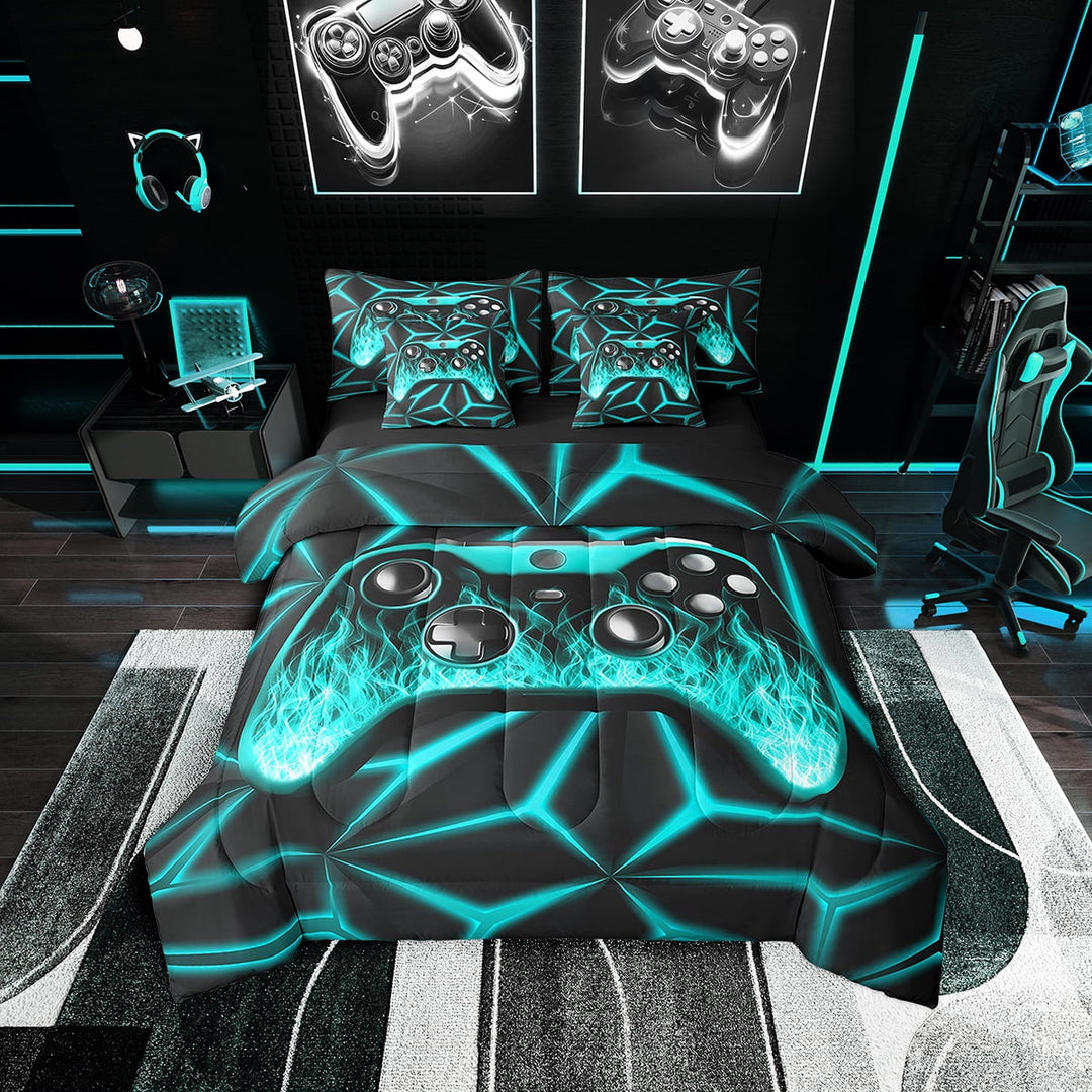 Erosebridal Gamepad Print Bedding Sets Twin Size 7 Pieces for Teen, Gamer Bed in a Bag, Black Blue
