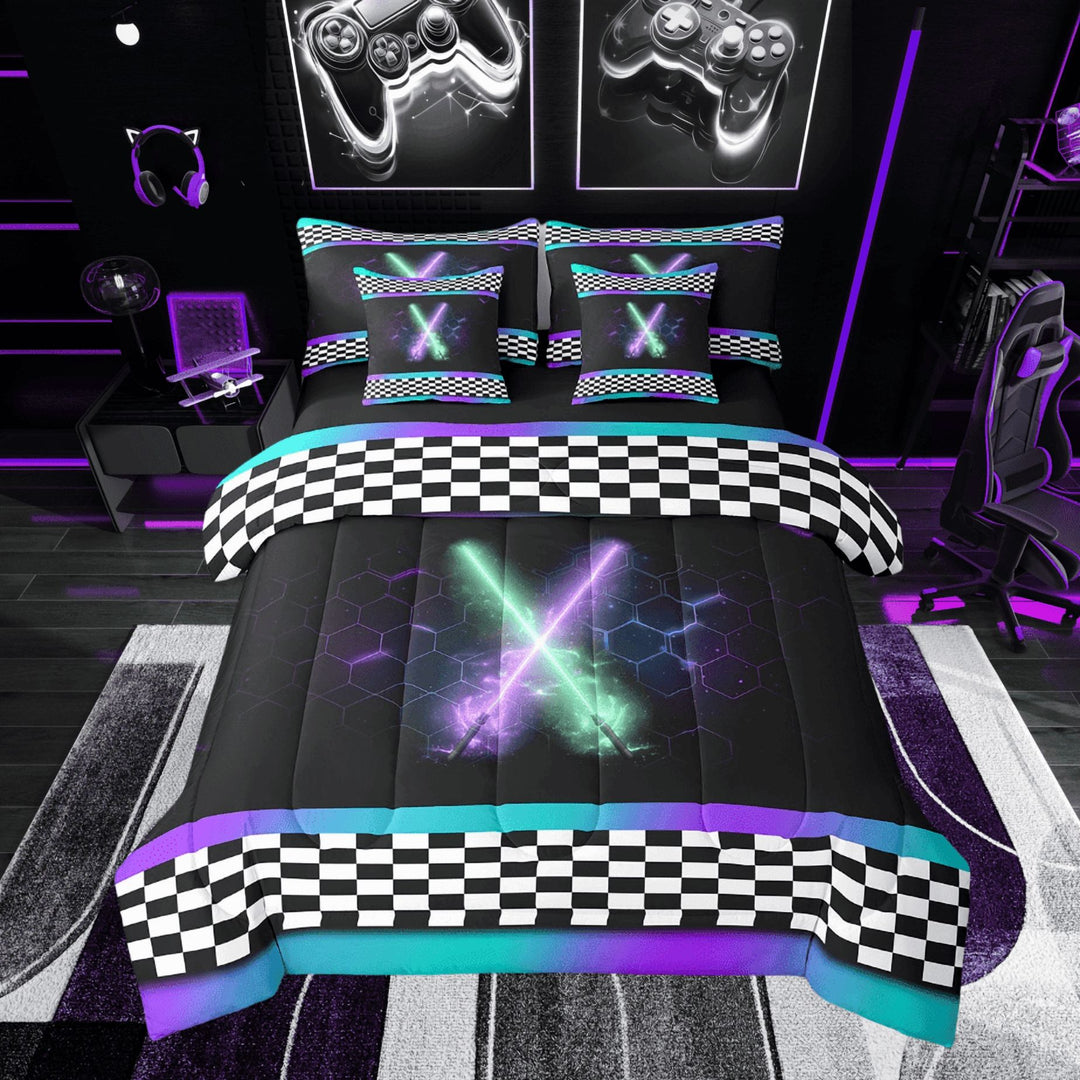 Erosebridal Lightsaber Bedding Sets Twin Size for Teens, Black White Checkered Comforter Sets with Sheets, Geometric Decor, Reversible