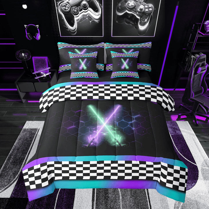 Erosebridal Lightsaber Bedding Sets Twin Size for Teens, Black White Checkered Comforter Sets with Sheets, Geometric Decor, Reversible