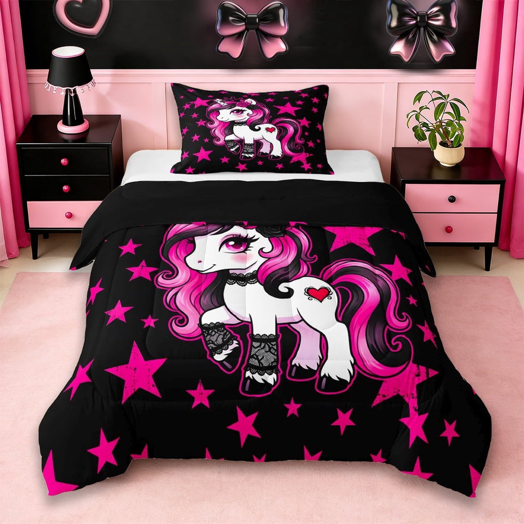 Erosebridal Unicorn Girls Twin Comforter Sets For Unicorn Lovers,Cute Pink Stars Print Bedding Set For Kids,Reversible Black 2pcs