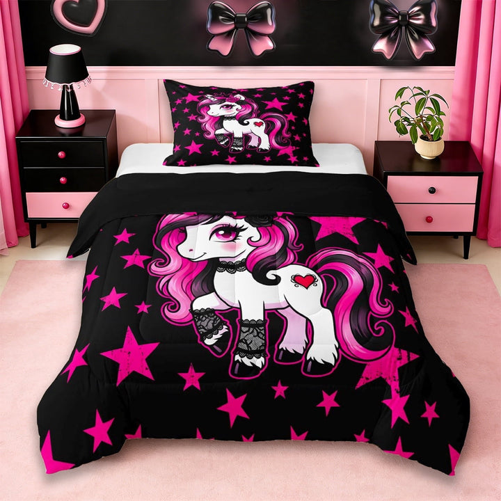 Erosebridal Unicorn Girls Twin Comforter Sets For Unicorn Lovers,Cute Pink Stars Print Bedding Set For Kids,Reversible Black 2pcs