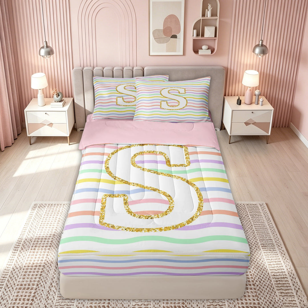 meiyoeat Glitter S Initial Zipper Comforter Set with Fitted Sheet and 2 Pillowcases for Girls Kids, Rainbow Stripe Monogram Zipper Bedding Set, Gold Pastel, Pink Reversible, 3 Pieces