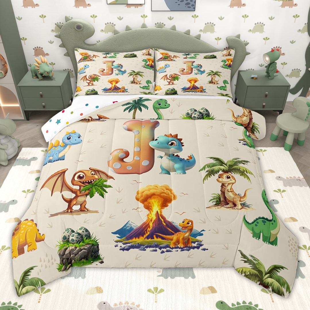 Erosebridal Blue Dinosaur Initial J Twin Comforter Sets for Kids Boys Girls, Jungle Dino Bedding Set, Polka Dots Reversible, 2 Pieces