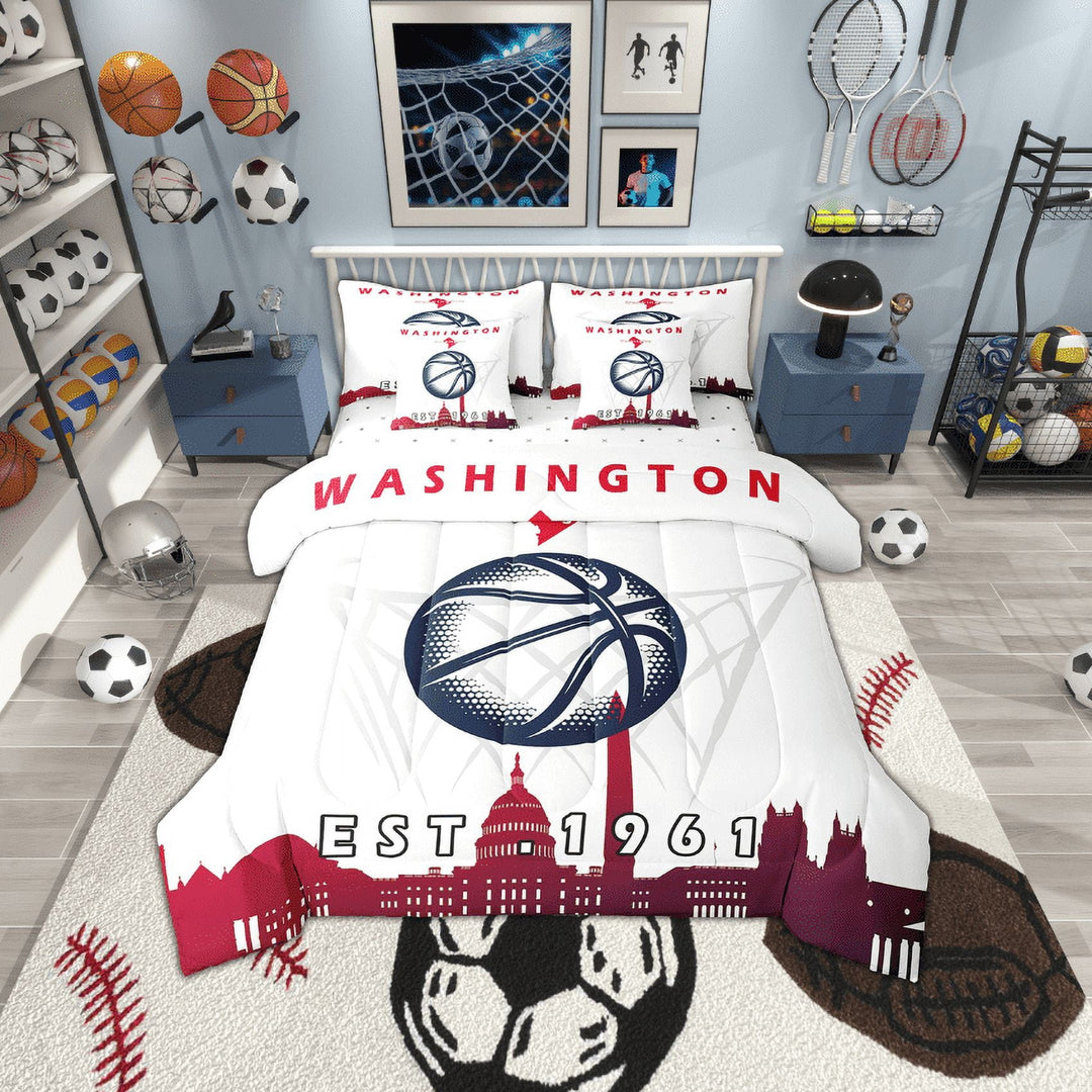 7 Pcs Comforter Set King Size,Basketball Team Bed in a Bag with Flat Sheet and Fitted Sheet and Adults,Sports Bedding Set with Pillowcase and Sham,Washington