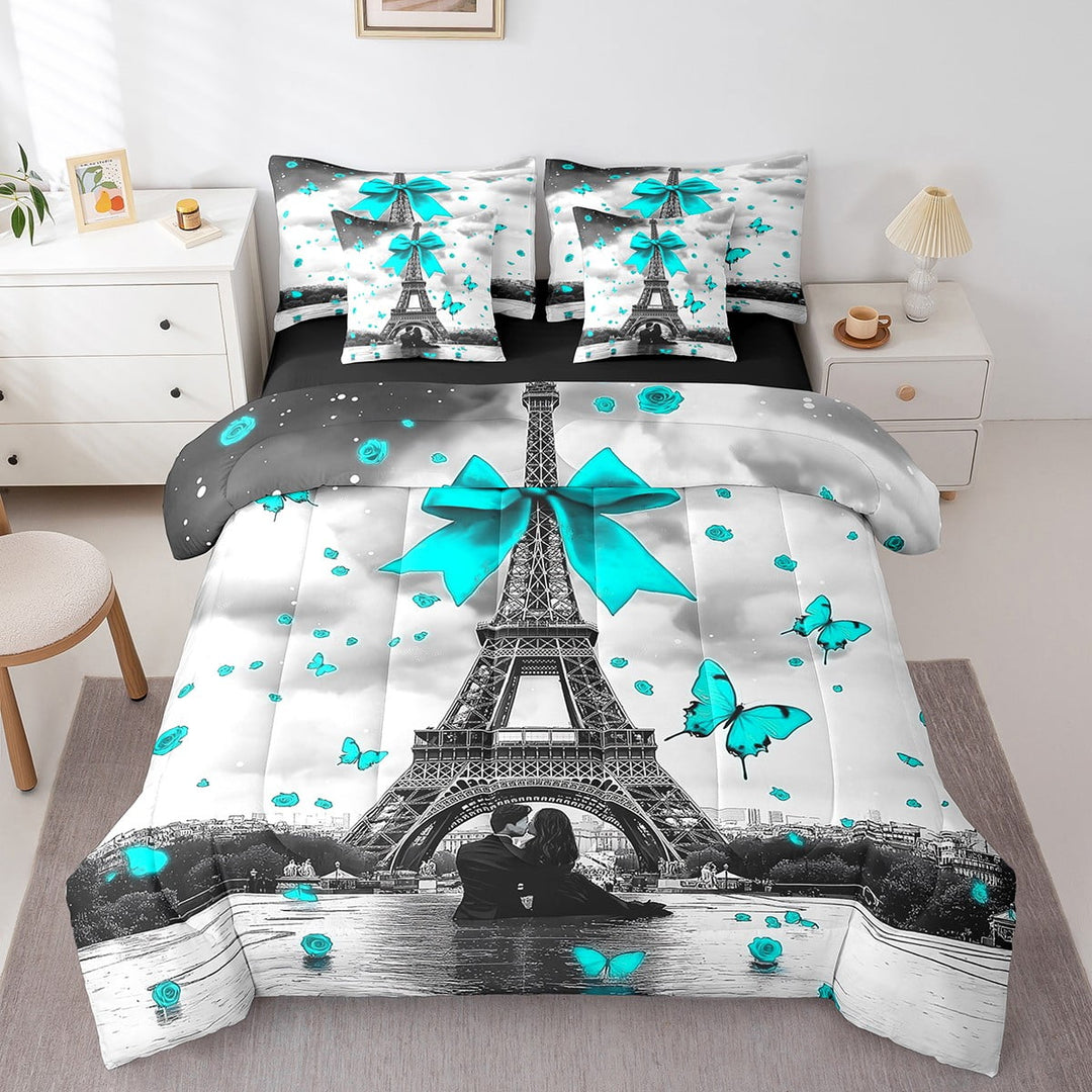 Turquoise Eiffel Tower Comforter Set Queen Size,French Paris Bed in a Bag for Couple Lovers Women,Romantic Butterfly Bowknot Bed Set,Valentine&