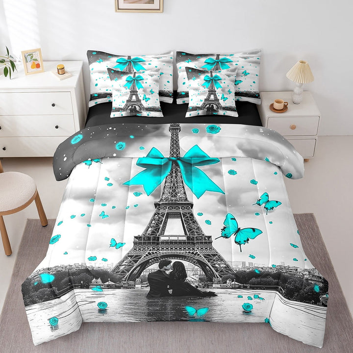 Turquoise Eiffel Tower Comforter Set Queen Size,French Paris Bed in a Bag for Couple Lovers Women,Romantic Butterfly Bowknot Bed Set,Valentine&