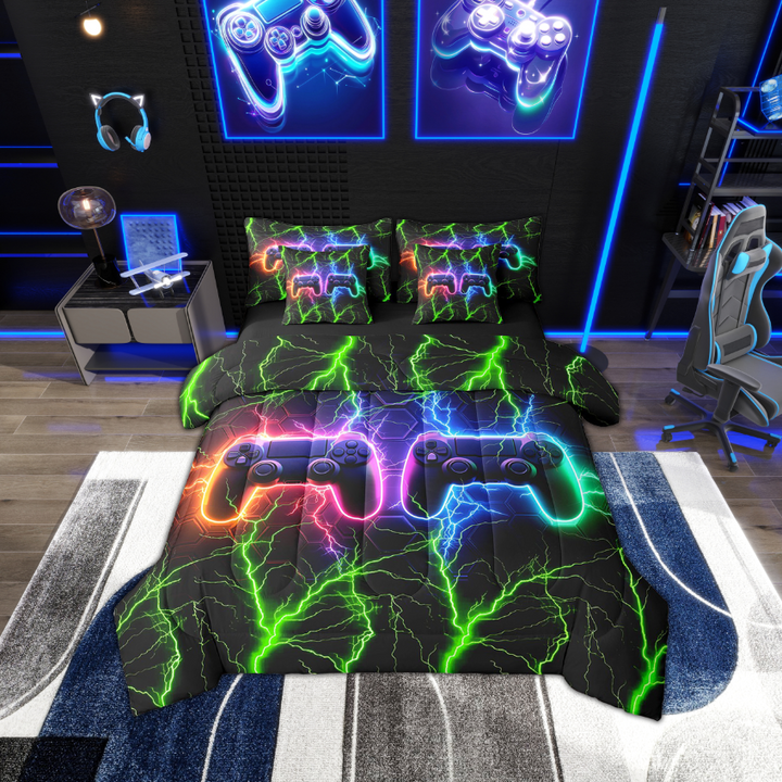 Erosebridal Neon Gamepad Bedding Twin Size , Green Geometric Line Duvet Set, Reversible 7-Piece