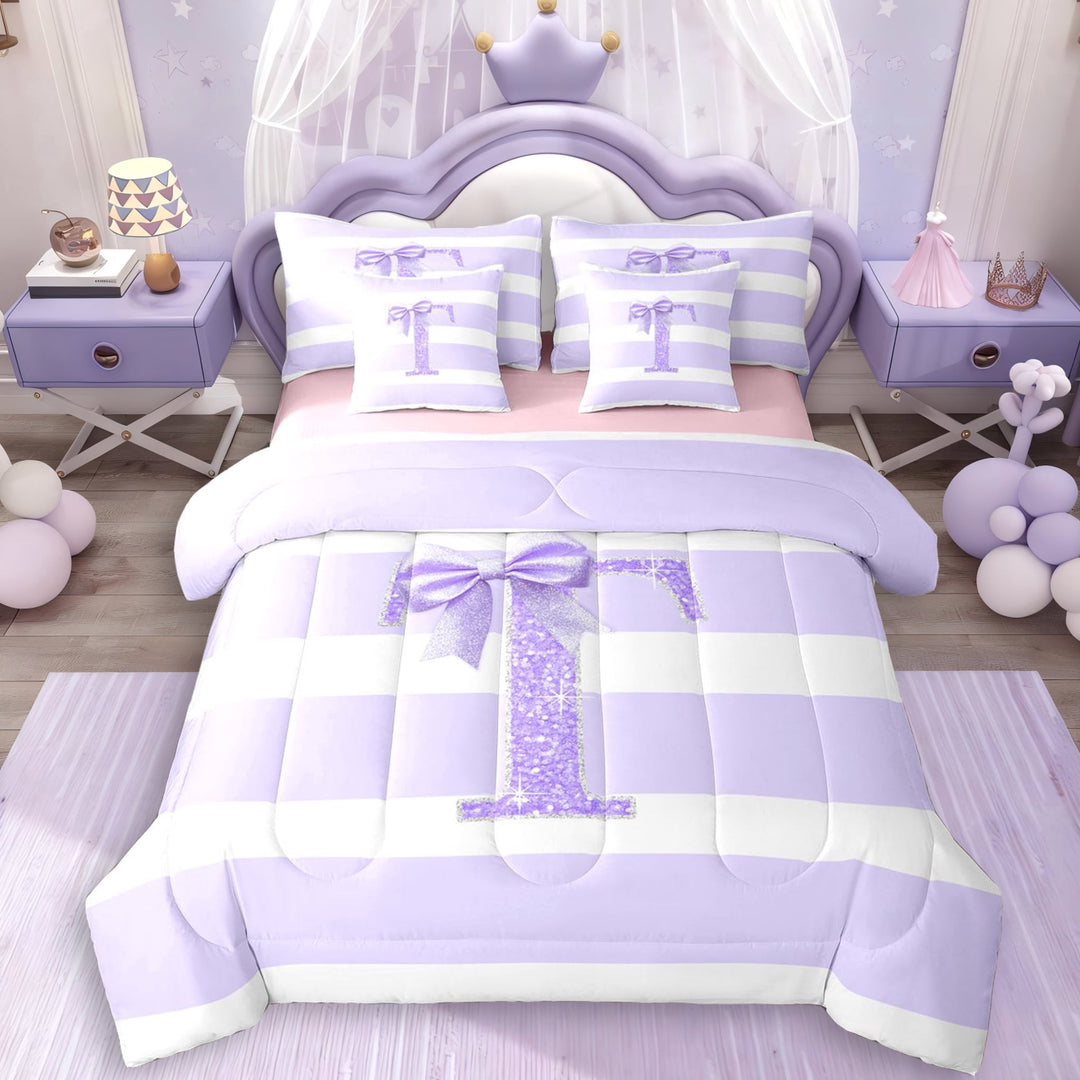 Erosebridal Girls Purple Bow Letter Monogrammed T Twin Bedding Sets 7-Piece,Bling Glitter Print Geometric Stripes Bedding Comforter Set For Children Teens,Pink Reversible