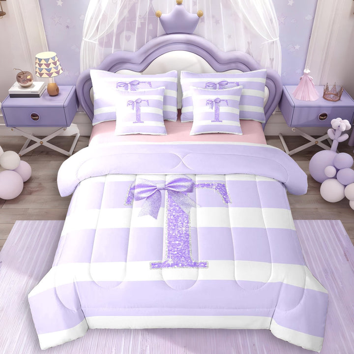 Erosebridal Girls Purple Bow Letter Monogrammed T Twin Bedding Sets 7-Piece,Bling Glitter Print Geometric Stripes Bedding Comforter Set For Children Teens,Pink Reversible