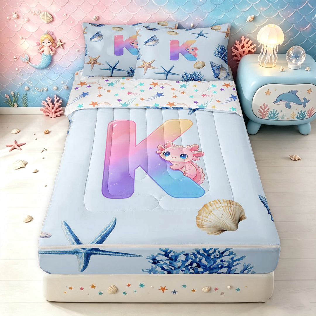 meiyoeat Cartoon Letter K Zipper Twin Comforter Sets with Fitted Sheet and 2 Pillowcases for Girls, Sea Axolotl Starfish Zipper Bedding Set, Blue, Star Reversible, 4 Pieces