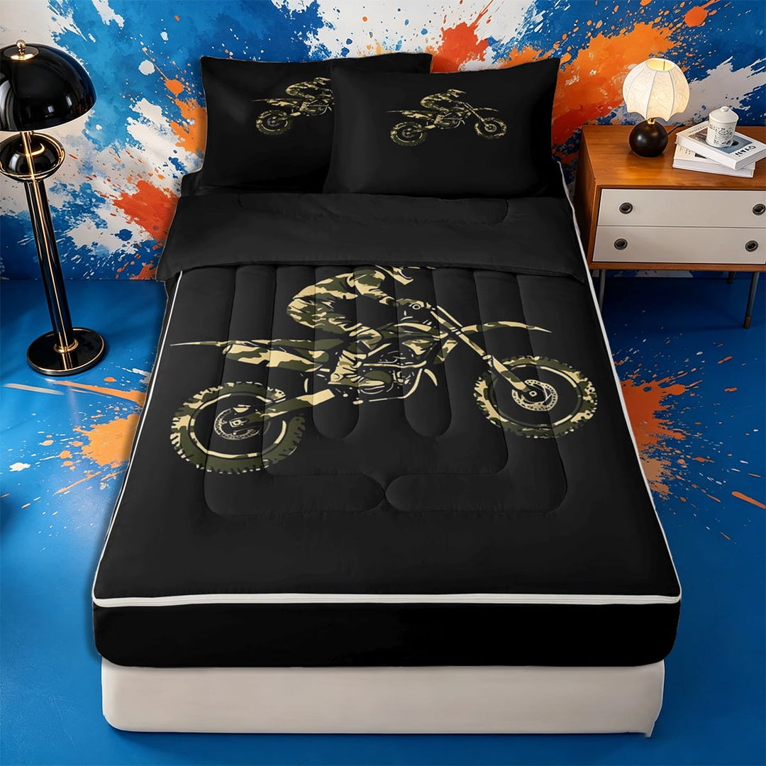 Meiyoeat Camo Motorcycle Zipper Full Size Comforter Sets with Fitted Sheet and 2 Pillowcases, vintage Motocross Zipper Bedding Set, Green Black,4pcs,Black Reversible
