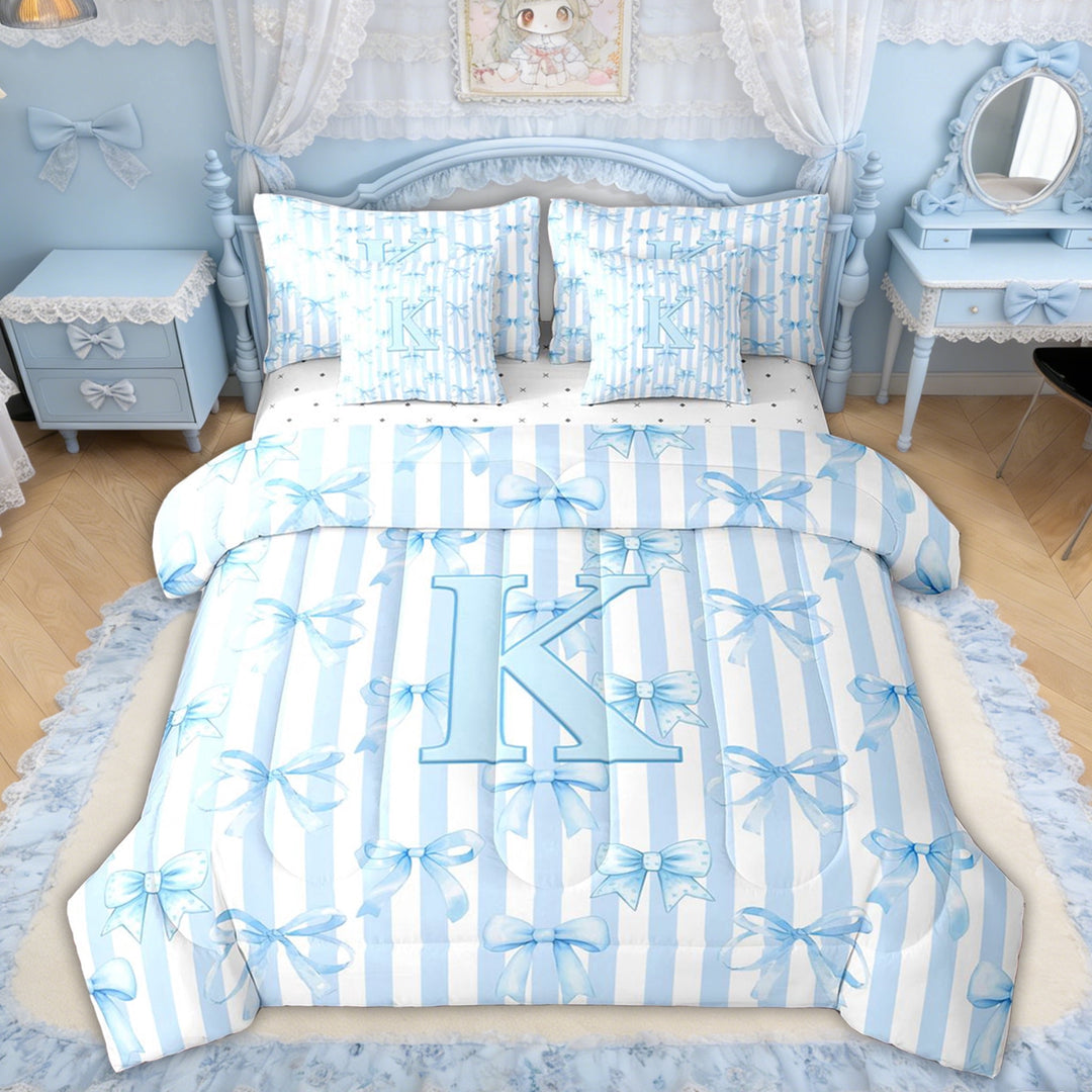 Erosebridal Bowknot Letter K Bedding Comforter Set, Watercolor Blue Stripe King Bedding Sets for Girls Kids Teens, Reversible, 7pcs