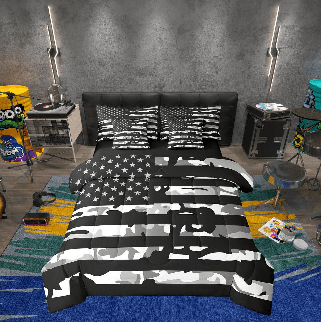 Erosebridal Army Camouflage Bedding Twin Size, American Flag Bedding Sets Twin Size, Military Camo Decor, Reversible 7pcs