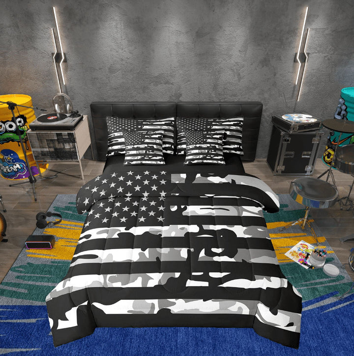 Erosebridal Army Camouflage Bedding Twin Size, American Flag Bedding Sets Twin Size, Military Camo Decor, Reversible 7pcs
