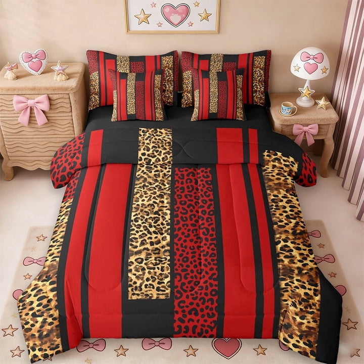 Erosebridal Romantic Fashion Cheetah Print 7-Piece Twin Bedding Sets,Abstract Geometric Stripe Pattern Bedding Comforter Set For Women,Reversible Black