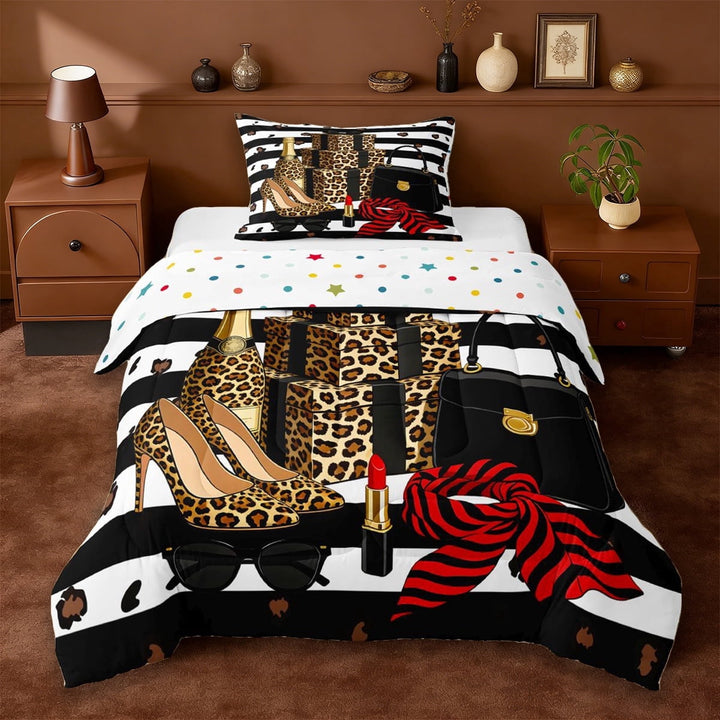 Erosebridal Brown Leopard Cheetah Print Twin Comforter Sets,Fashion Women High Heels Girls Gifts Bedding Set For Adults,Reversible 2pcs
