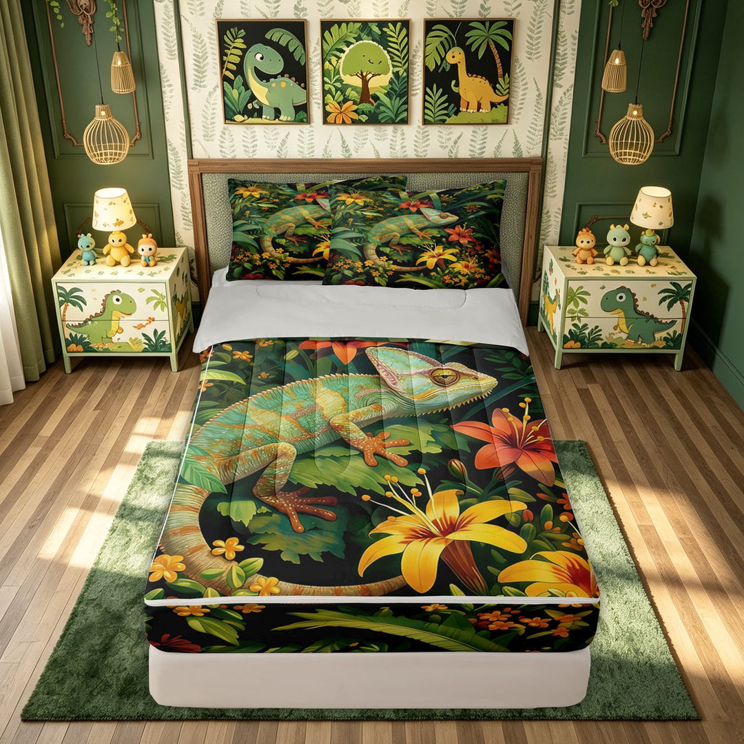 meiyoeat Jungle Flower Lizard Zipper Full Size Comforter Sets with Fitted Sheet and 2 Pillowcases for Boys Girls Kids, Tropical Rainforest Wildlife Zipper Bedding Set, Green, Grey Reversible, 4-Piece