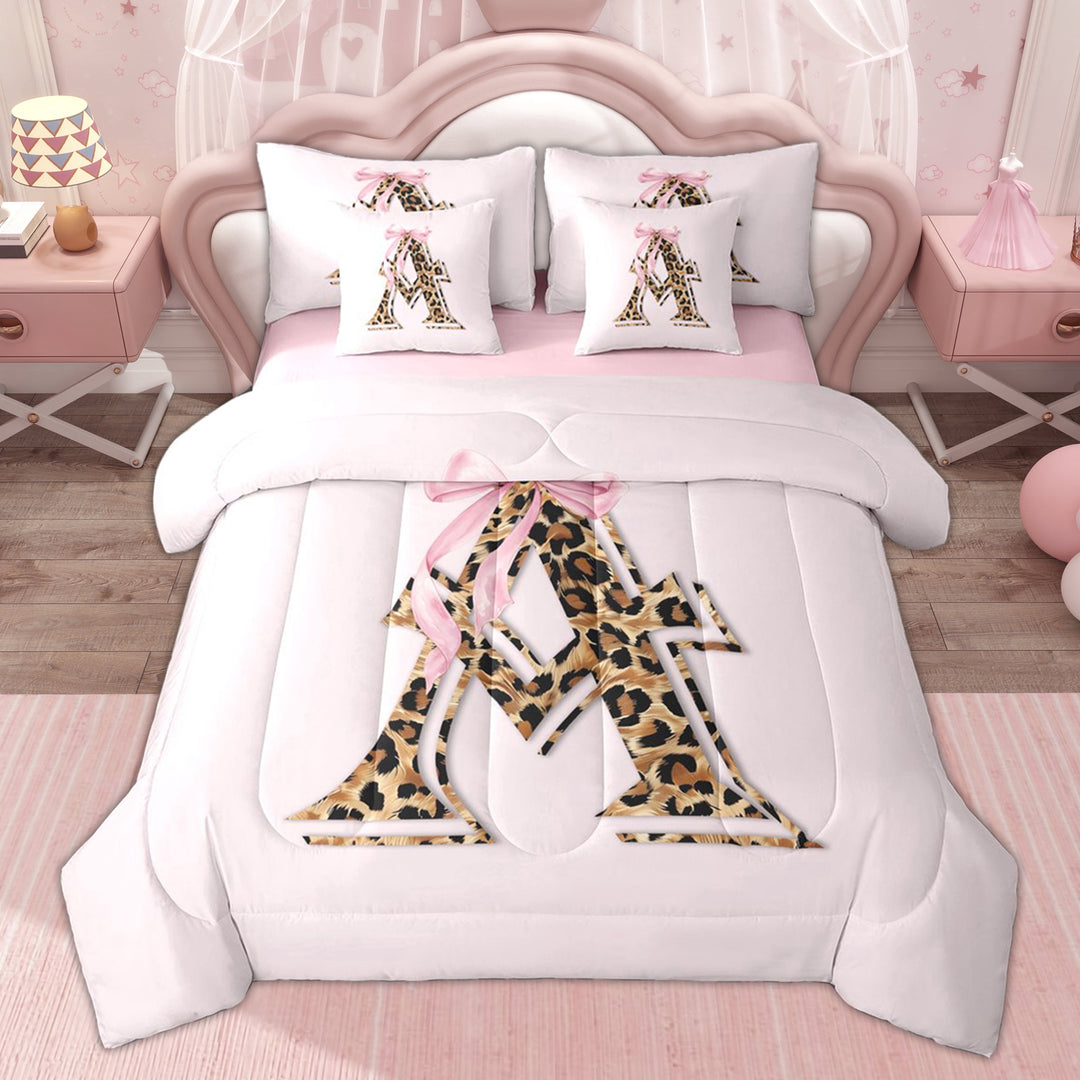 Erosebridal Kid Bowknot A Letter Twin Bedding Sets, Cheetah Animal Print Bedding Comforter Set, Pink Reversible, 7-Piece