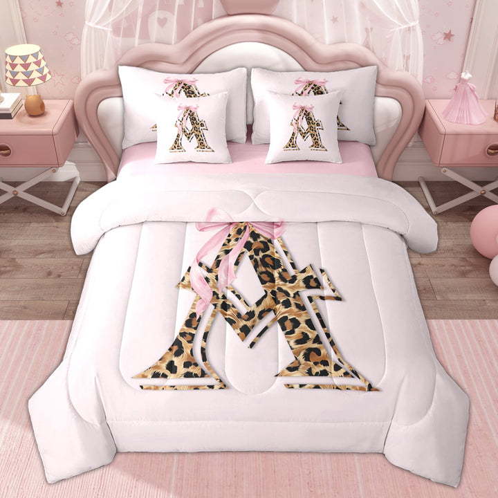 Erosebridal Kid Bowknot A Letter Twin Bedding Sets, Cheetah Animal Print Bedding Comforter Set, Pink Reversible, 7-Piece