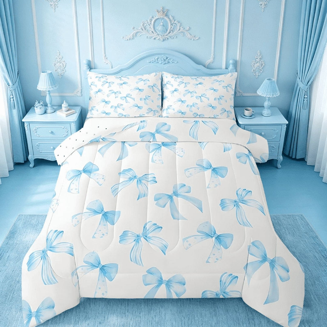 Manfei Sky Blue Bow Full Size Comforter Sets For Kids Girls,Cute Dreamy Princess Style Bedding Sets Bow Pattern Comforter Reversible 3pcs