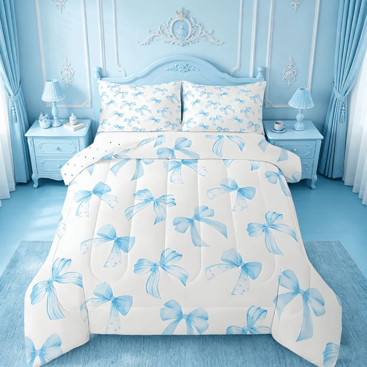 Manfei Sky Blue Bow Full Size Comforter Sets For Kids Girls,Cute Dreamy Princess Style Bedding Sets Bow Pattern Comforter Reversible 3pcs