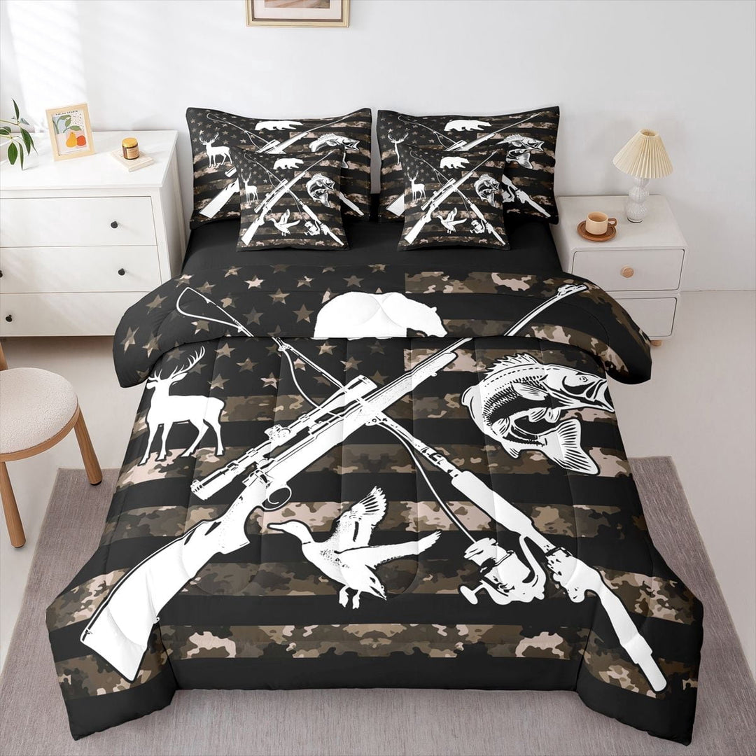 Erosebridal Big Bass Fish Mallard Duck Deer Twin Bedding Sets 7-Piece For Teens Adults,Black Brown Camo USA Flag Bedding Comforter Set,Black Reversible