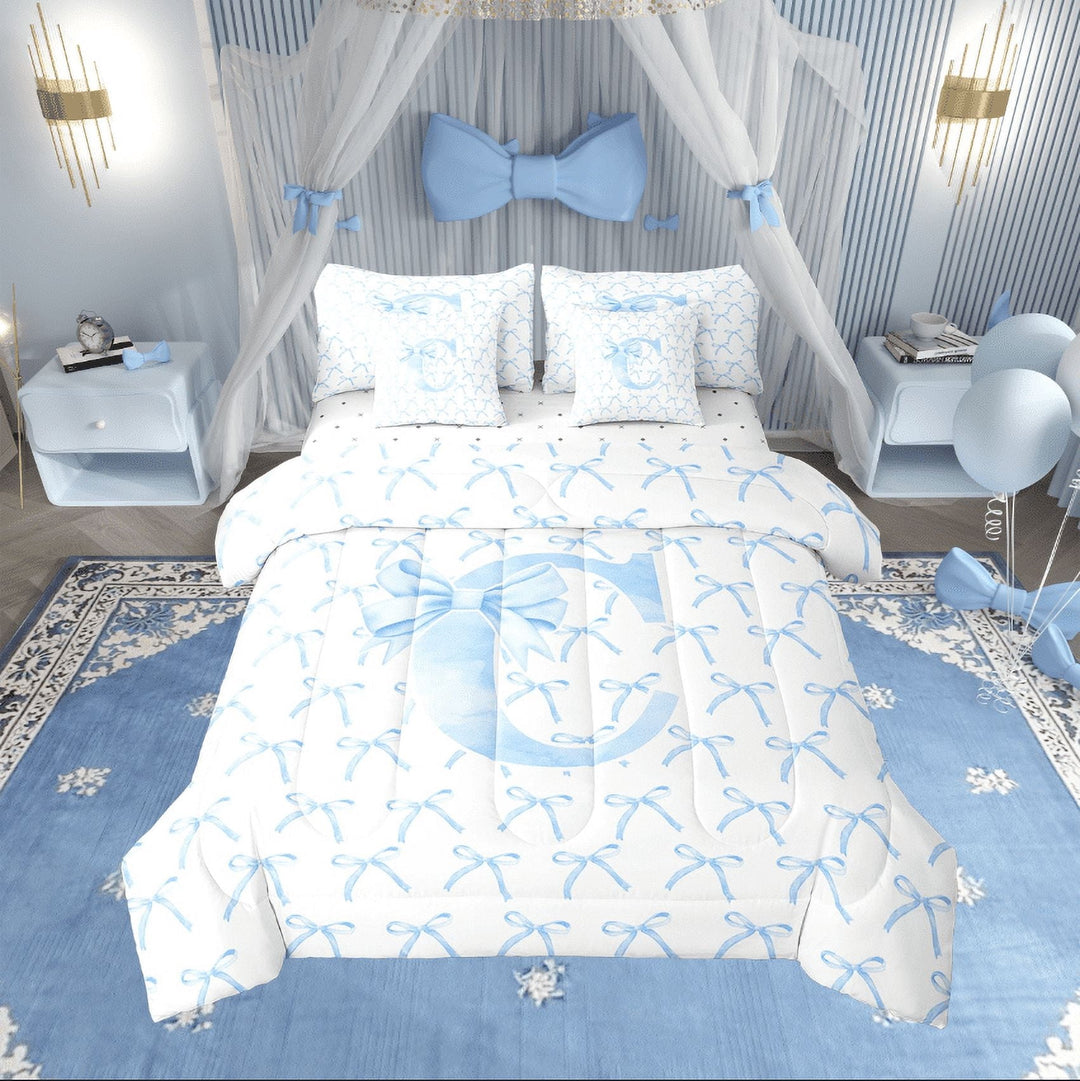Erosebridal Monogrammed Bow Tie Bedding Sets Twin Size,Dreamy Princess Comforter Sets with Sheets,Letter Bedroom Decor,Reversible,7pcs