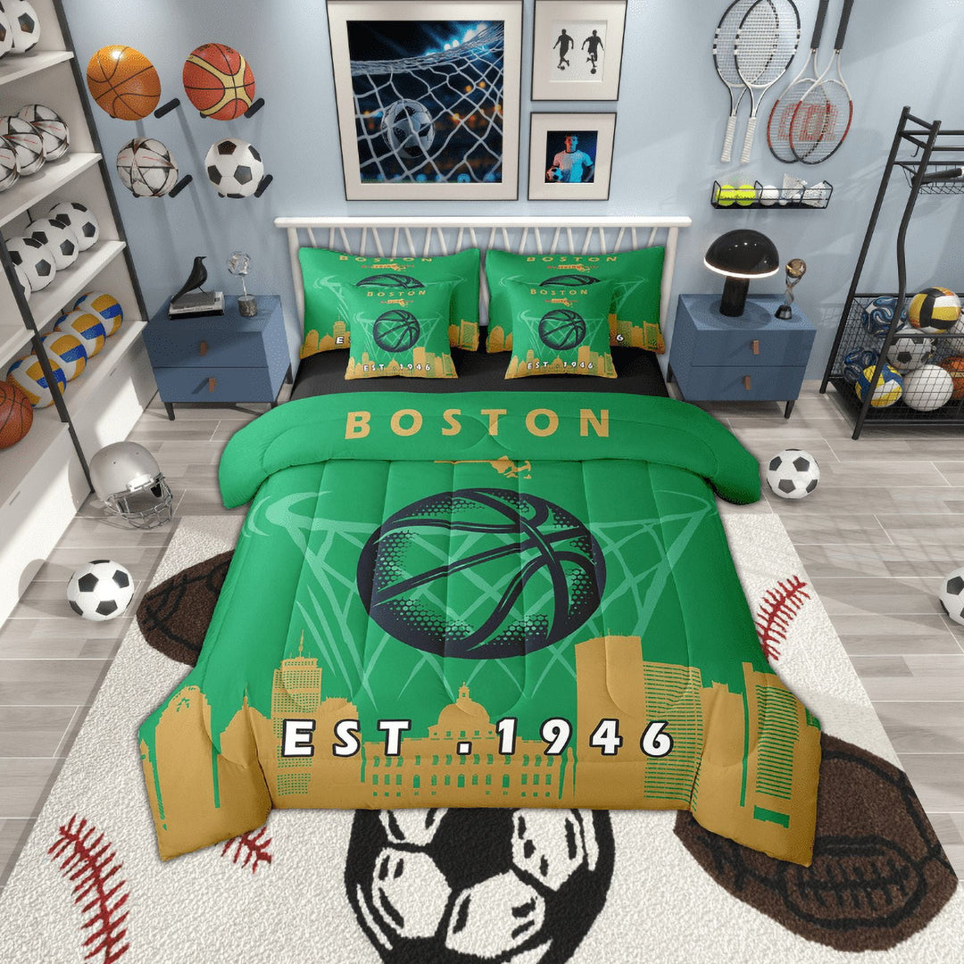 7 Pcs Comforter Set King Size,Sports Bed in a Bag with Flat Sheet and Fitted Sheet and Adults,Basketball Bedding Set with Pillowcase and Sham,Boston