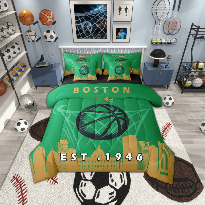 7 Pcs Comforter Set King Size,Sports Bed in a Bag with Flat Sheet and Fitted Sheet and Adults,Basketball Bedding Set with Pillowcase and Sham,Boston