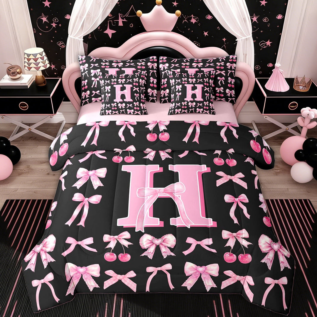 Erosebridal Letter H Twin Bedding Sets for Kids, Princess Bowknot Bedding Comforter Set, Pink Reversible, 7pcs