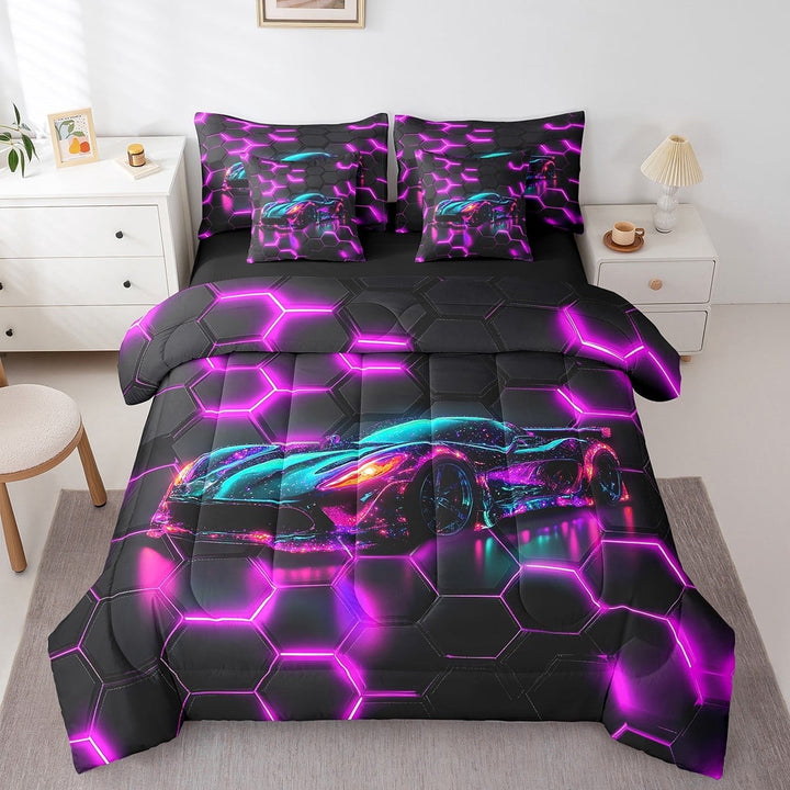 Erosebridal Racing Car Bedding Sets Twin Size,Geometric Honeycomb Comforter Sets with Sheets,Black Purple Bed in a Bag Twin size,Super Cozy Sport Room Decoration,Reversible,7pcs