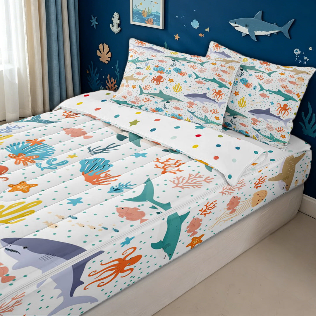 meiyoeat Playful Shark Octopus Zipper Full Size Comforter Sets with Fitted Sheet and 2 Pillowcases for Kids Boys, Ocean Animal Zipper Bedding Set for Bedroom, Multicolor, Polkadot ReversibleG
