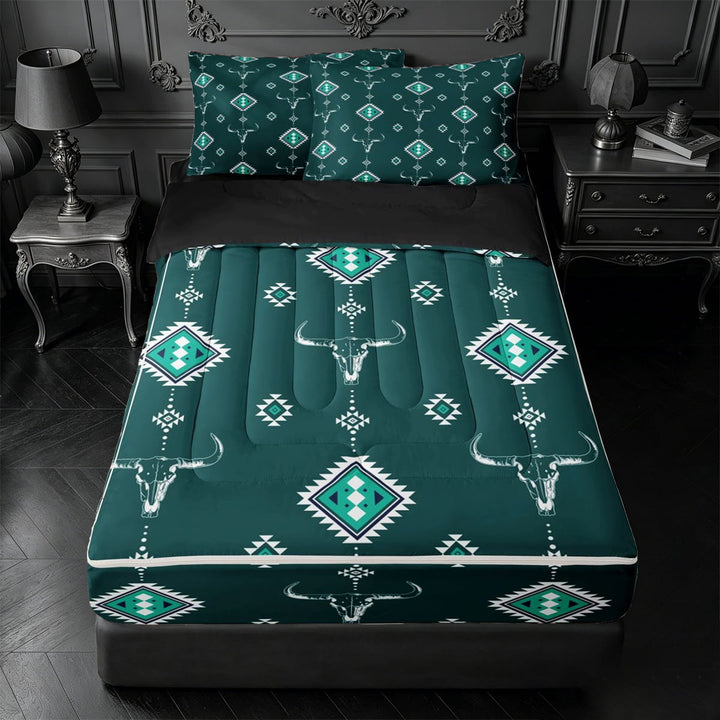 meiyoeat Rustic Western Aztec Zipper Full Size Comforter Sets with Fitted Sheet and 2 Pillowcases For Kids,Retro Farmhouse Bull Skull Zipper Bedding Set For Boys,Black Reversible,4 Pieces