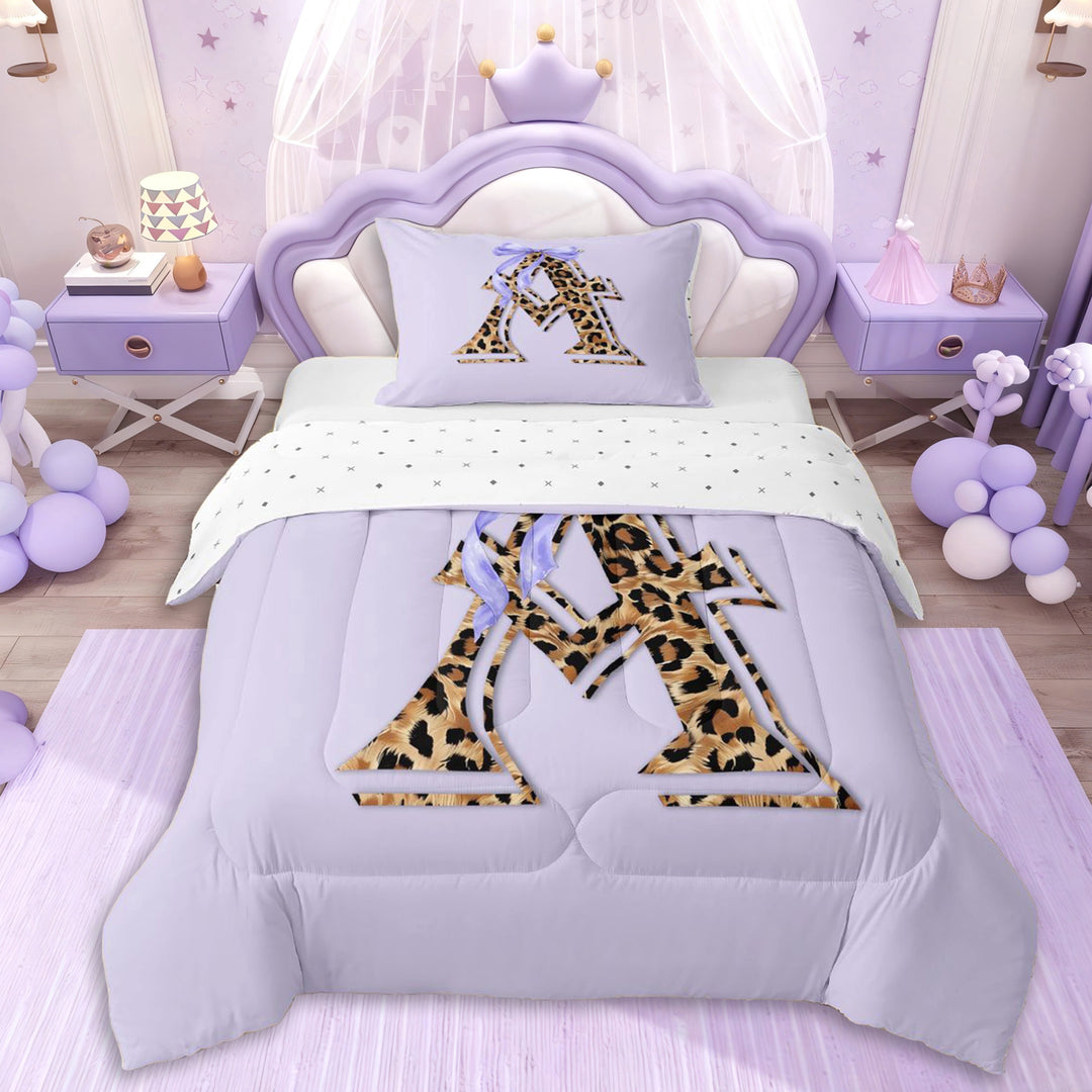 Erosebridal Teens Personalized Initial A Twin Comforter Sets 3-Piece,Girls Purple Bow Cheetah Print Bedding Set,Lightweight Room Decor