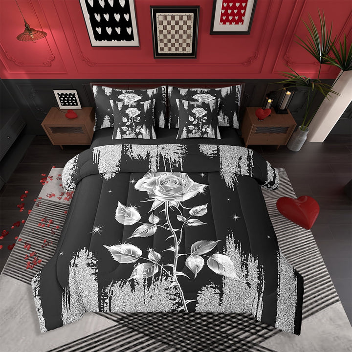 Romantic Rose 7 Pcs Comforter Set Full,(Not Real)Silver Sequins Printed Bed in a Bag for Women,3D Rose Bedding Set with Flat Fitted Sheet Pillowcase and Sham