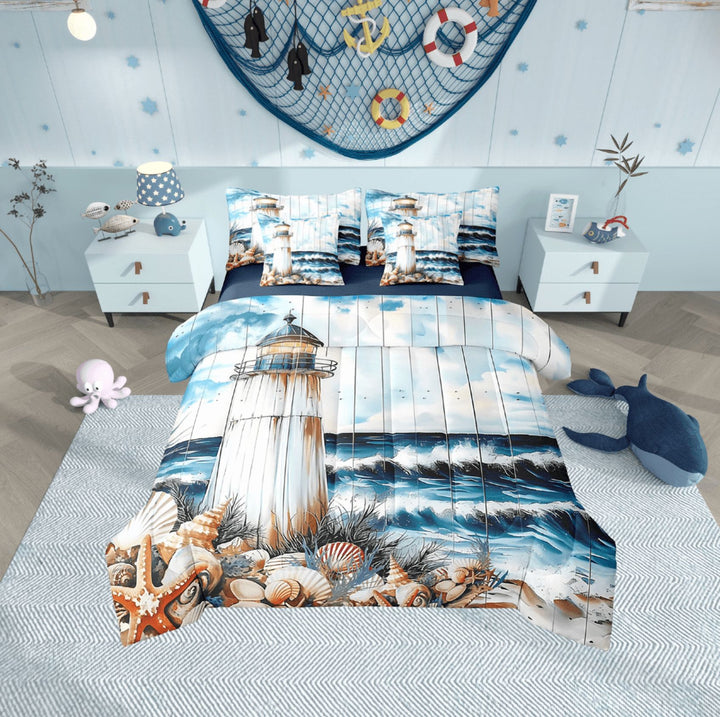 Erosebridal White Lighthouse Bedding Sets Twin Size,Ocean Theme Comforter Sets with Sheets,Lodge Cabin Bed in a Bag Twin size,Ultra Soft Sea Bedroom Decoration,Reversible,7-Piece
